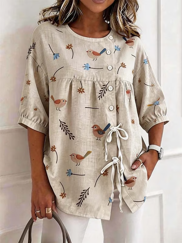 Women'S Casual Floral Print Cotton Linen Top
