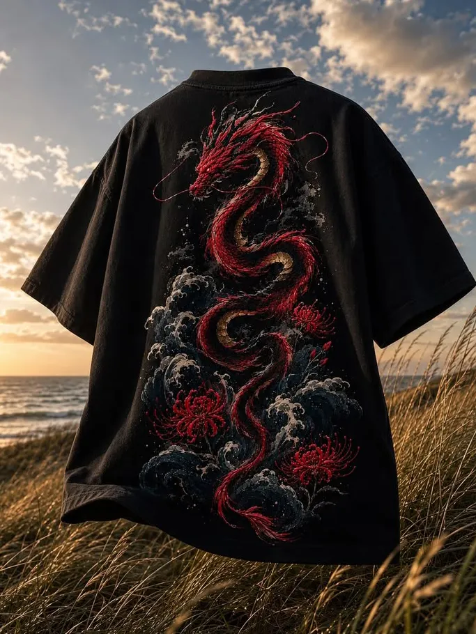 Men's Red Dragon And Ocean Wave Print Casual T-Shirt