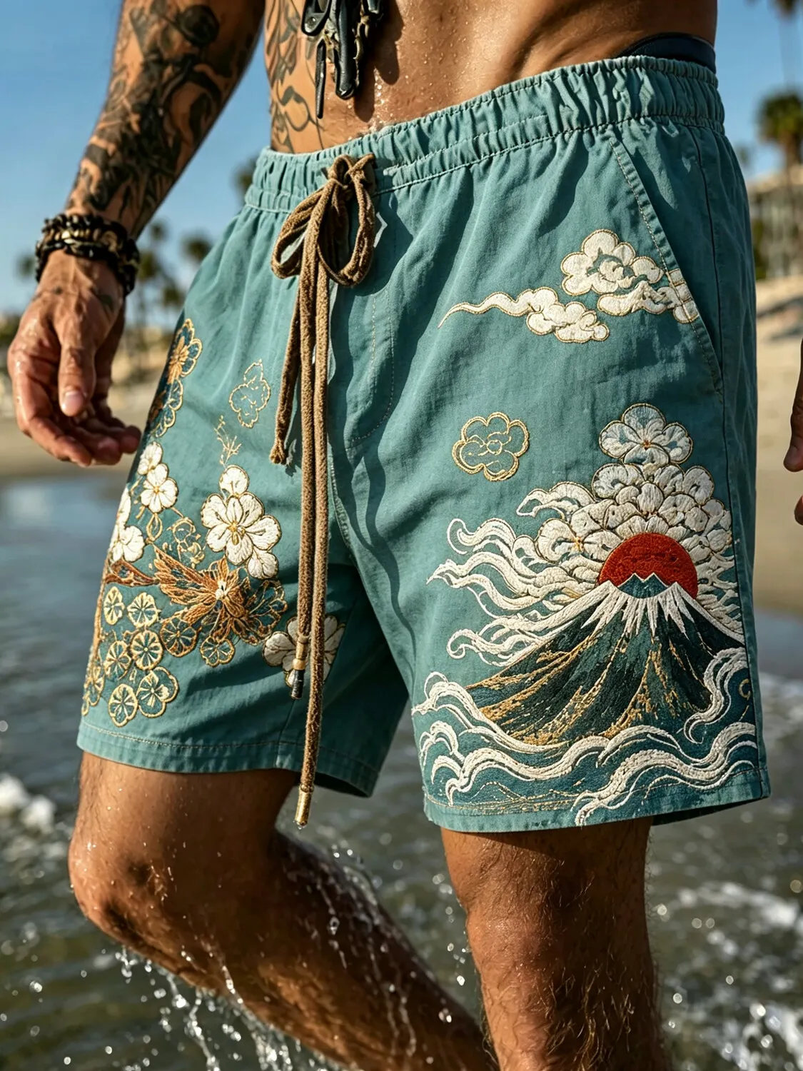 Men's Japanese Ukiyo-e Mount Fuji Floral Print Casual Shorts