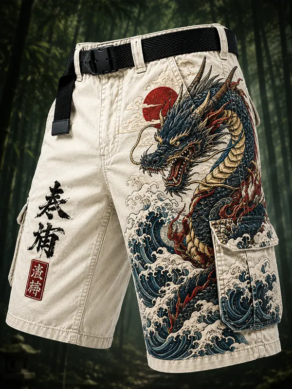 Men's Dragons and Waves Japanese Art Print Casual Shorts