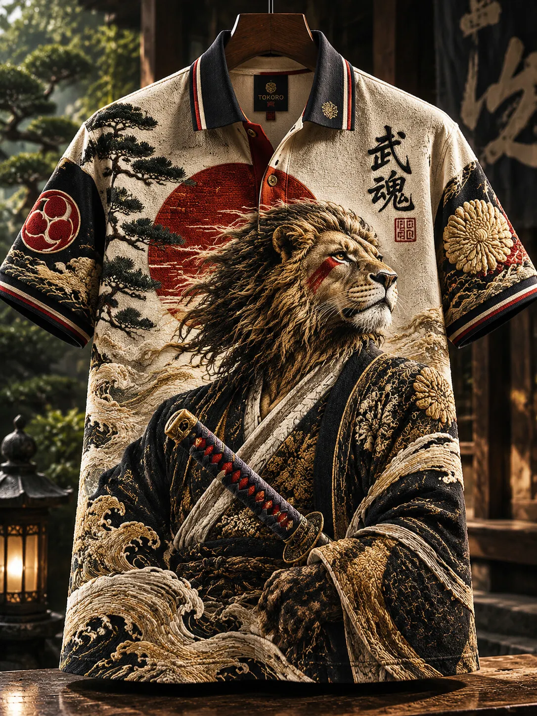 Men's Japanese Style Kimono Lion King Printed Short Sleeve Polo Shirt