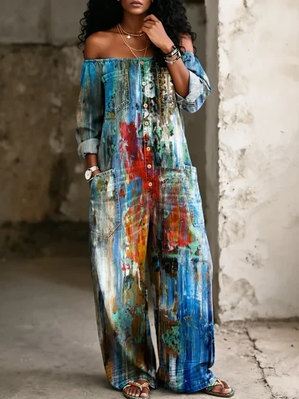 Women's Retro Art Print Jumpsuit