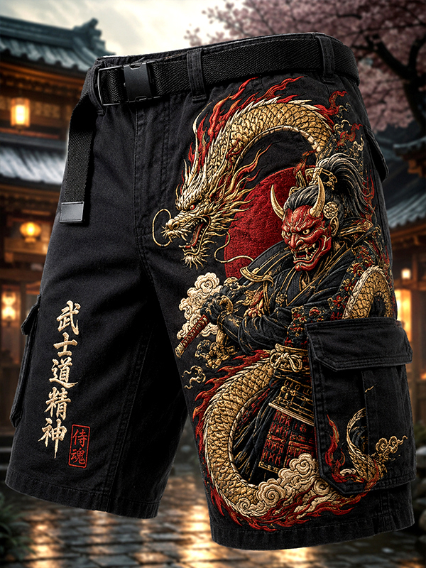 Men's Samurai Dragon Bushido Spirit Japanese Art Print Casual Shorts