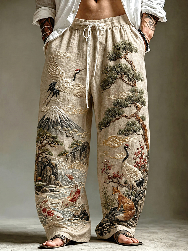 Men's Animals And Natural Landscapes Japanese Art Print Loose Drawstring Waist Pants