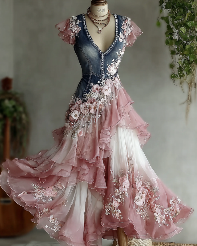 Women's Resort Irregular Ruffled Floral Embroidered Dress  2150
