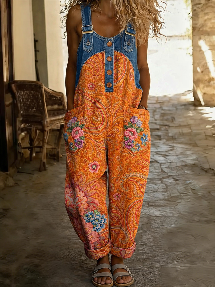 Women's Floral Art Print Washed Cotton Denim Patchwork Jumpsuit