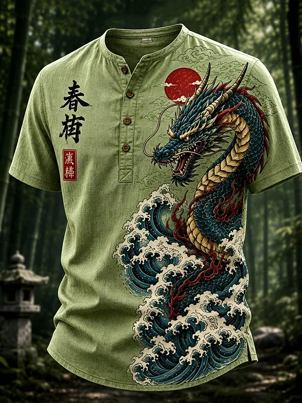 Men's Dragons and Waves Japanese Art Print Half Button Shirt