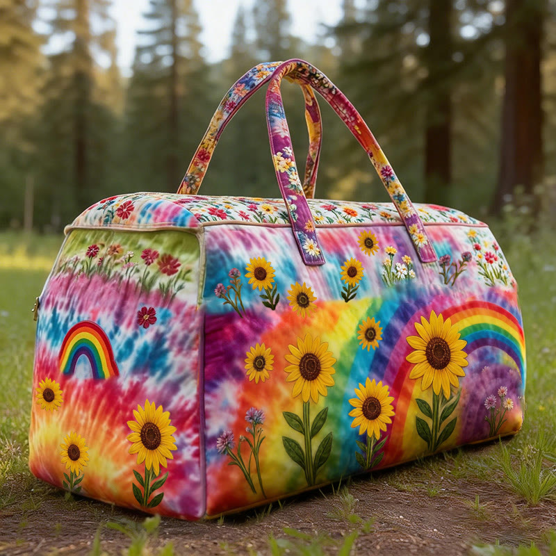 Tie-dyed Rainbow Sunflowers Print Quilted Duffle Bag