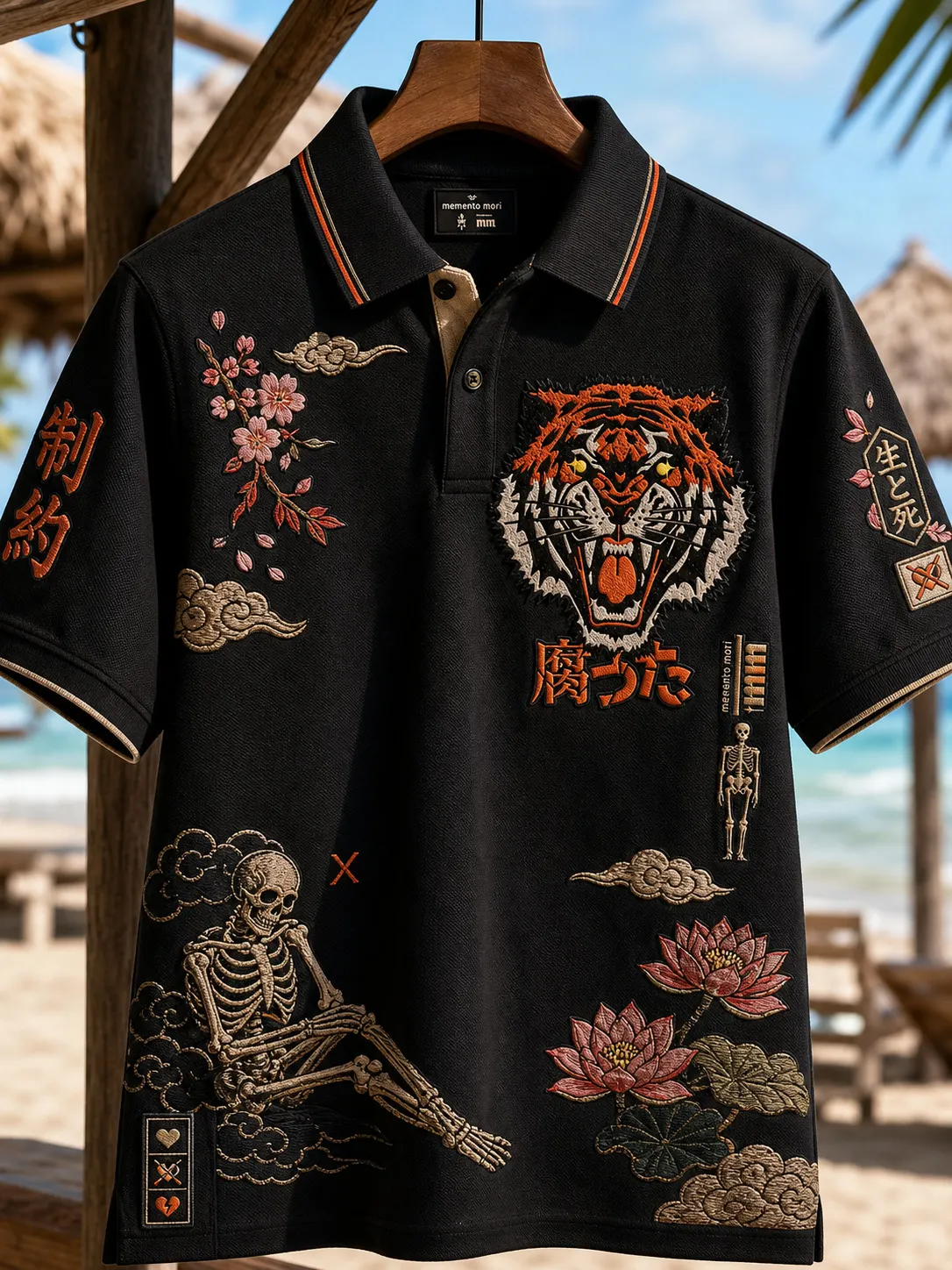 Men's Japanese Tiger Skull Kanji Art Print Polo Shirt