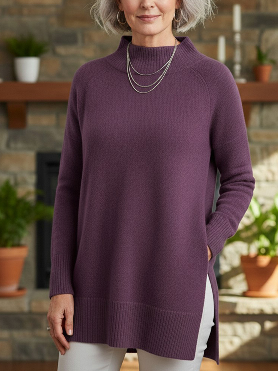 New Arrivals🔥 Women's Soft Mock Neck Tunic Sweater - Long Sleeve Ribbed Knit Pullover Tops with Side Slits (Loose Fit S-5XL)