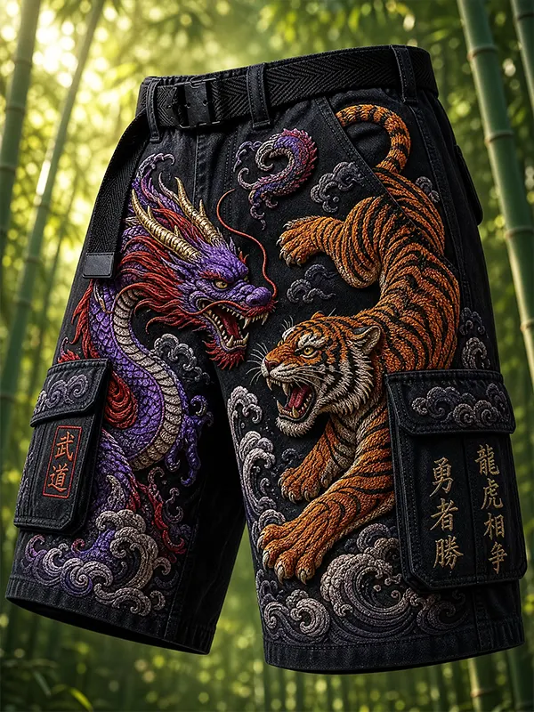 Men's Mythical Beast Dragon and Tiger Print Cargo Shorts