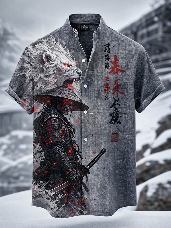 Men's Samurai Skeleton White Lion Cherry Snow Mountain Japanese Art Print Short Sleeve Shirt