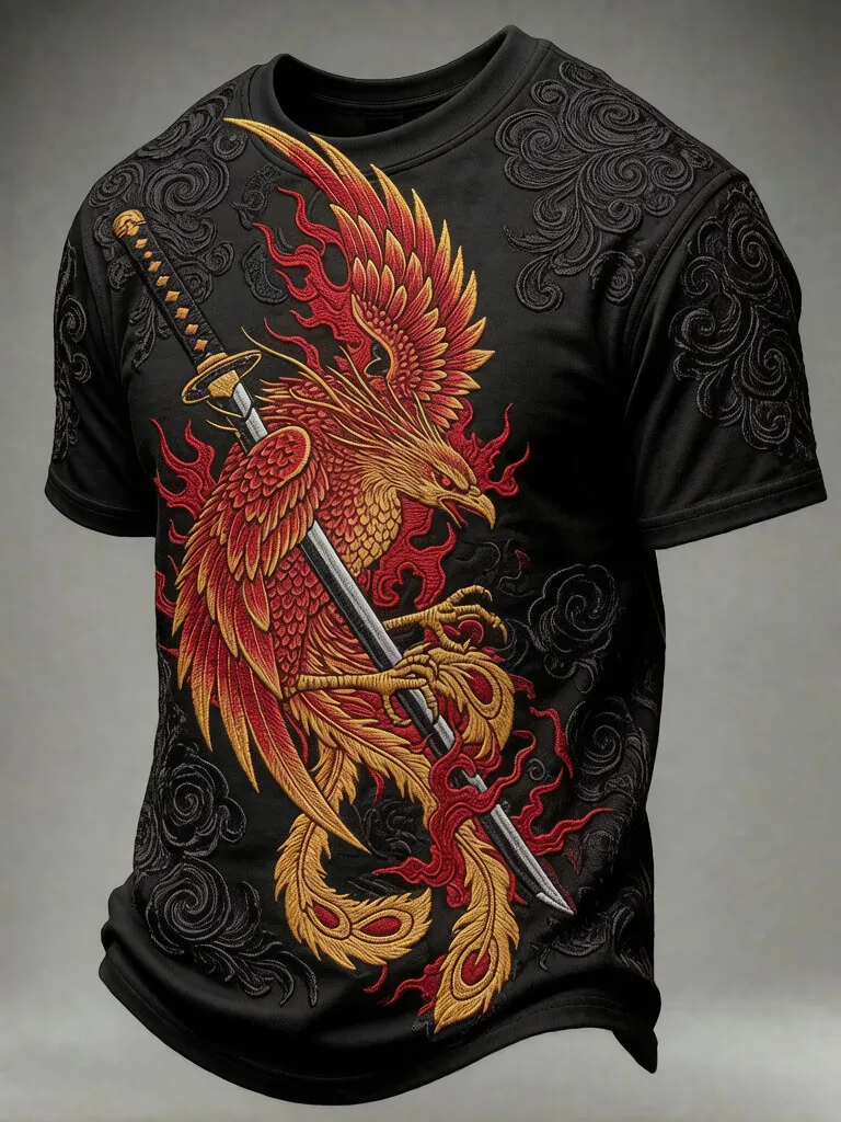 Men's Traditional Japanese Swirl Cloud Phoenix Katana Print Casual T-Shirt