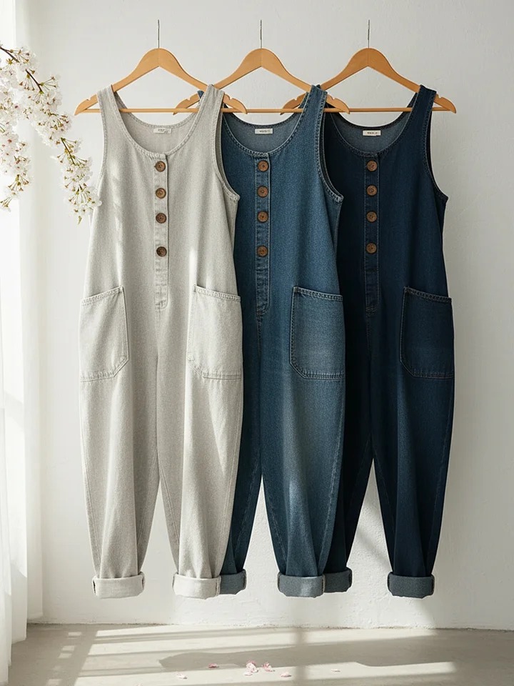 Women's Sleeveless Washed Cotton Denim Jumpsuit