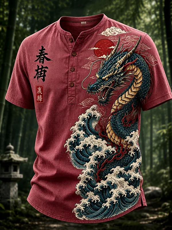 Men's Dragons and Waves Japanese Art Print Half Button Shirt
