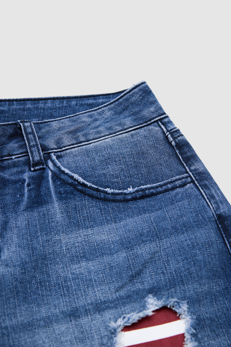 American Flag Patched Ripped Raw Hem Mid Rise Denim Bermuda Shorts