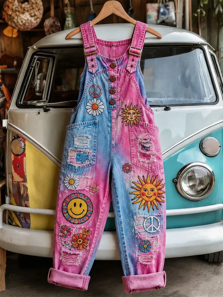 Women's Retro Style Art Print Washed Cotton Denim Patchwork Jumpsuit