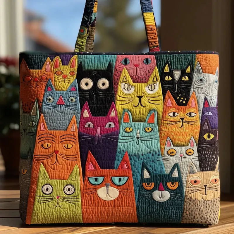 Hippie Cute Colorful Minimalist Cats Pattern Quilted Tote Bag