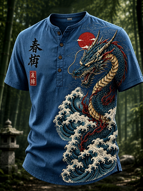 Men's Dragons and Waves Japanese Art Print Half Button Shirt