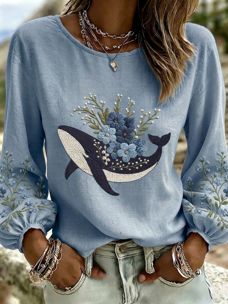 Women's Casual Floral Whale Print Cotton Linen Top