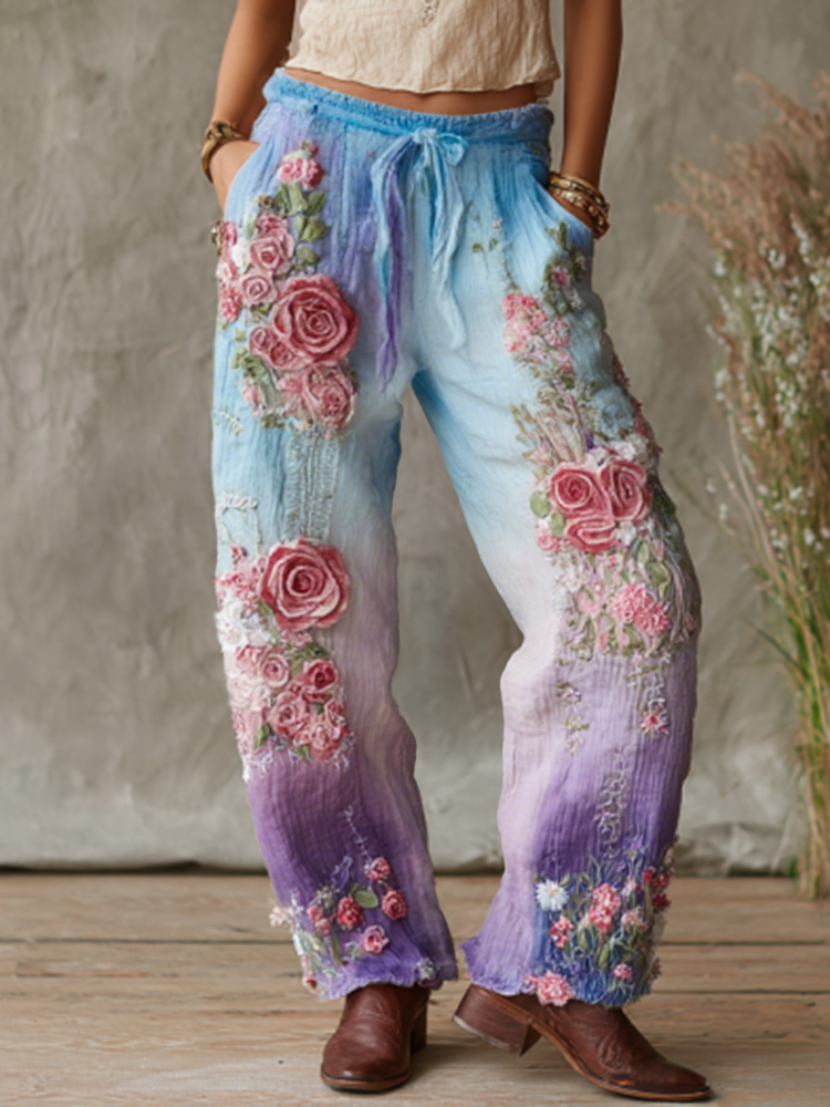 Love & Health Collection Retro Western Women Style Vintage Rose And Floral Patchwork Art Linen Pants 3d39