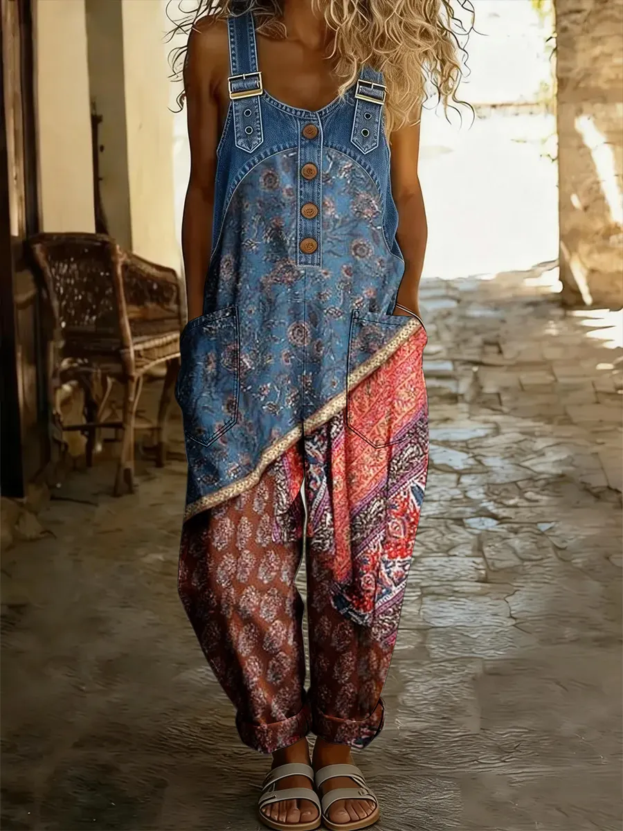Women's Floral Art Print Washed Cotton Denim Patchwork Jumpsuit