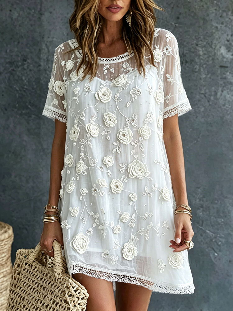 Women's White Rose Art Embroidered Linen Blend Round Neck Maxi Dress