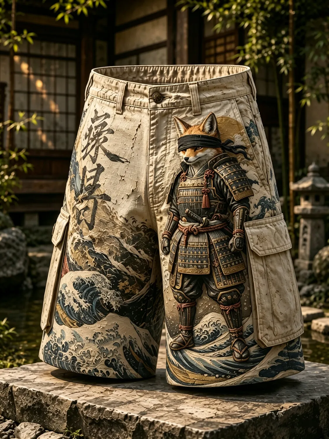 Men's Vintage Japanese Samurai Fox Great Wave Print Casual Shorts