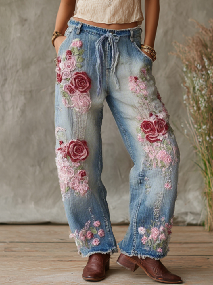 Love & Health Collection Retro Western Women Style Vintage Rose And Floral Patchwork Art Linen Pants 3d39