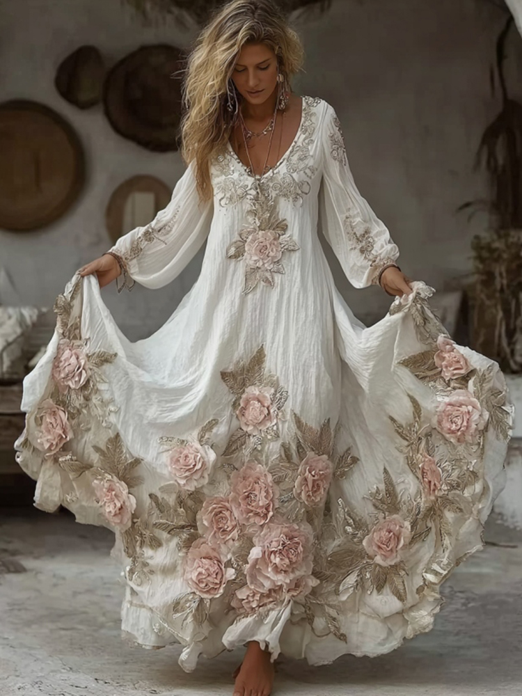 Women's Vintage Pink Floral Embroidery Art Comfy Linen Maxi Dress