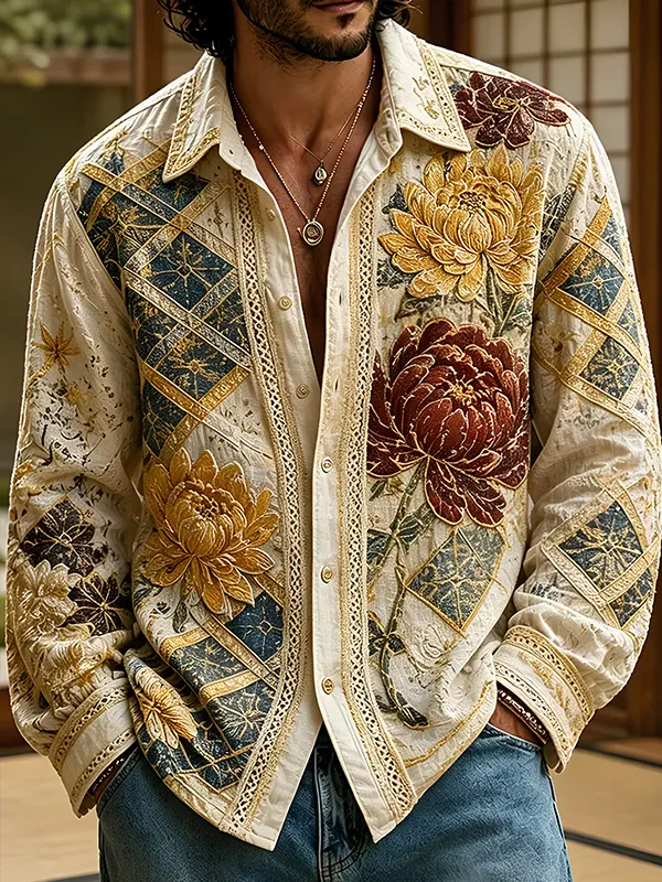 Men's Retro 3D Peony Flower Lace Patchwork Art Print Long Sleeve Shirt