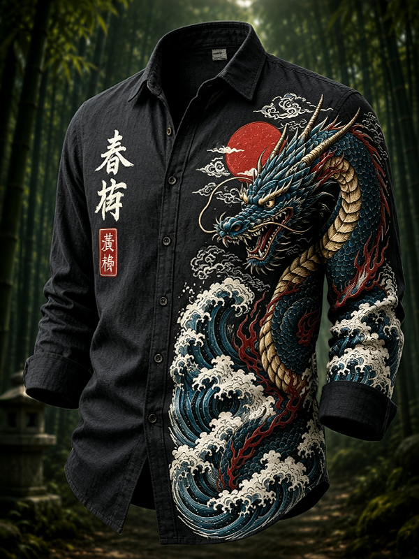 Men's Dragons and Waves Japanese Art Print Long Sleeve Shirt