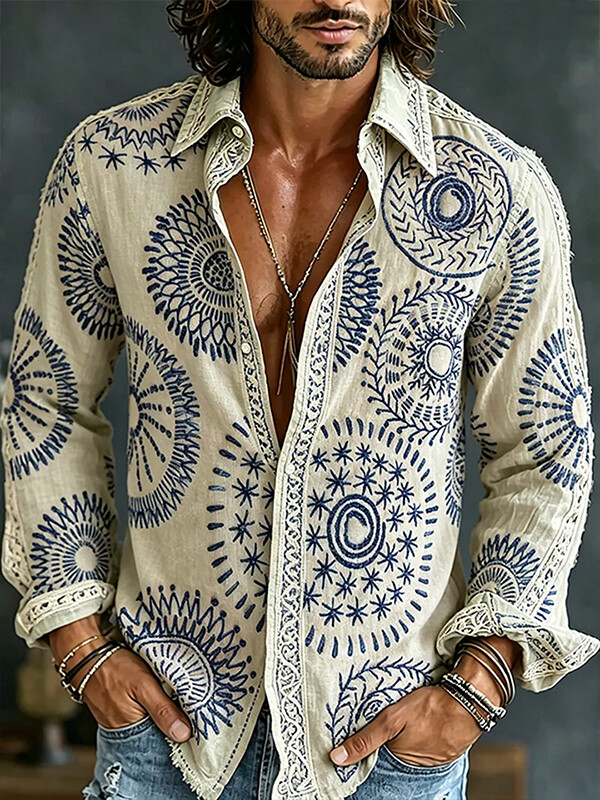 Men'S Vintage Floral Embroidery Texture Print Long Sleeve Shirt