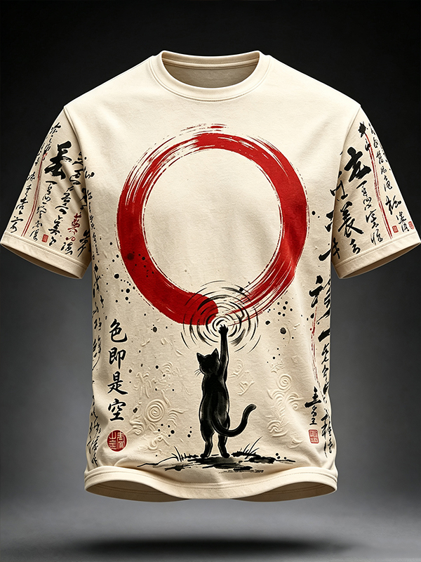 Men's Zen Red Sun and Black Cat Japanese Enso Circle Graphic Print Casual T-Shirt