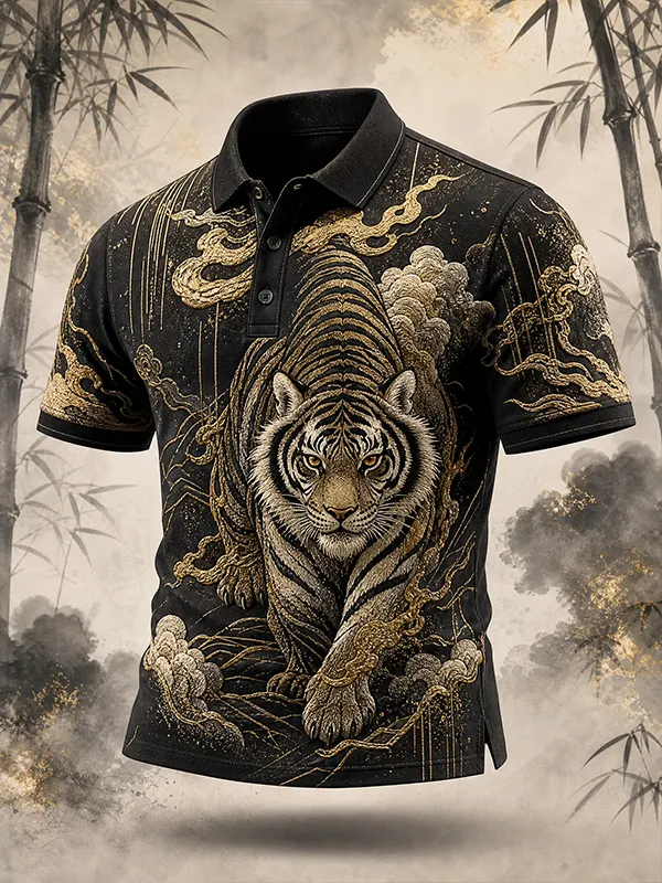Men's Gold Tiger Bamboo Cloud Print Short Sleeve Polo Shirt
