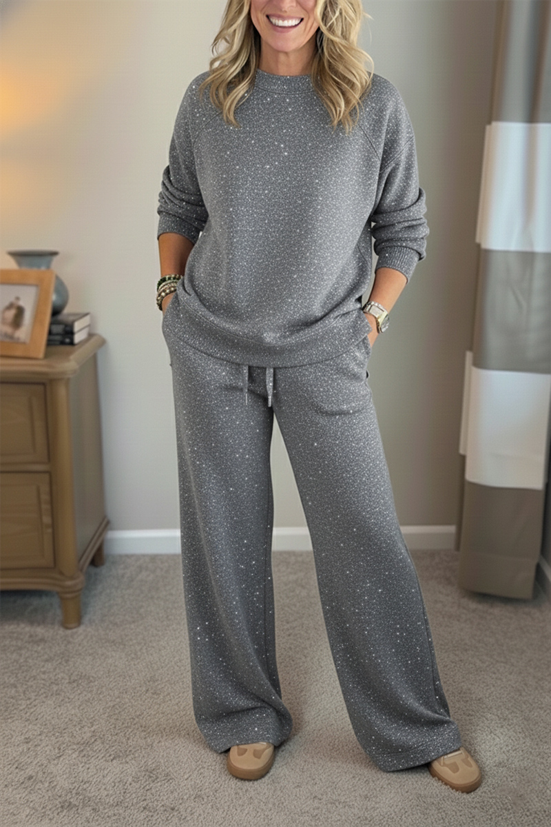 🎄 New Arrivals🔥 Cozy Travel Crew Neck Shiny Sweatshirt and Pant 2 Piece Sets