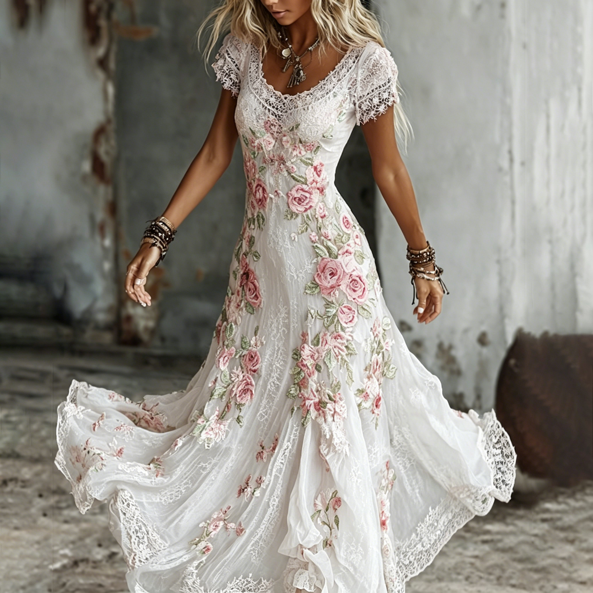 Women's Bohemia Rose Floral Embroidered Art Flowy Maxi Dress