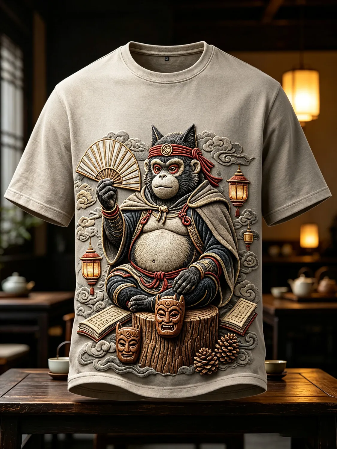 Men's Oriental Monkey Warrior 3D Relief Print Casual T-Shirt