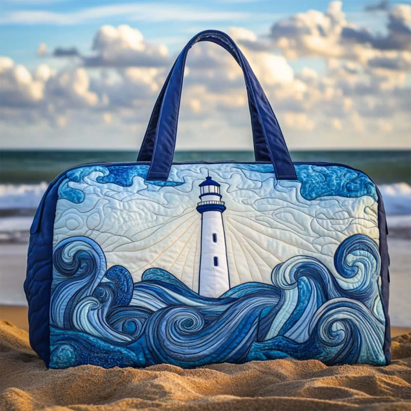 Beach Wave Lighthouse Pattern Print Quilted Duffle Bag