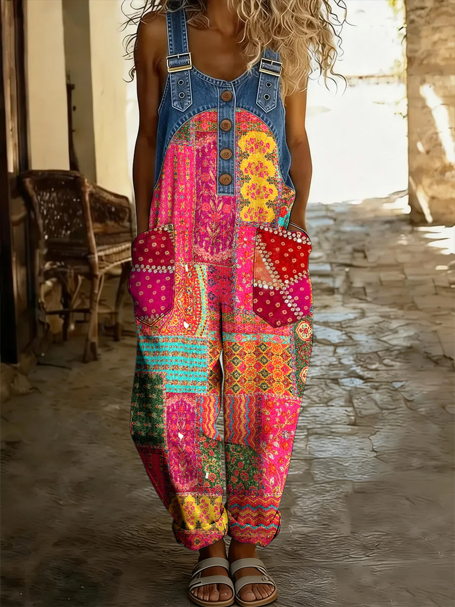 Women's Floral Art Print Washed Cotton Denim Patchwork Jumpsuit