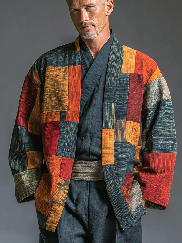 Men's Retro Color-Block Geometric Art Print Casual Kimono Cardigan