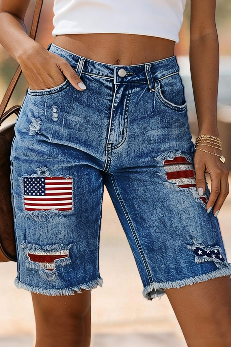 American Flag Patched Ripped Raw Hem Mid Rise Denim Bermuda Shorts