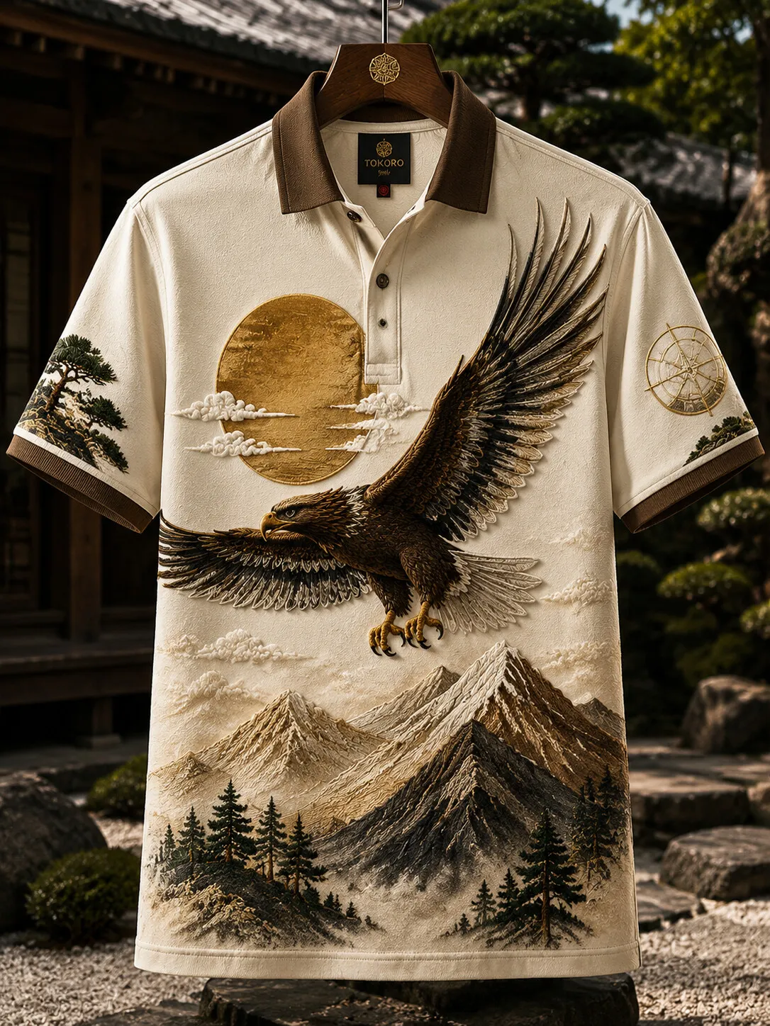 Men's Soaring Eagle Sun and Mountain Landscape Print Short Sleeve Polo Shirt