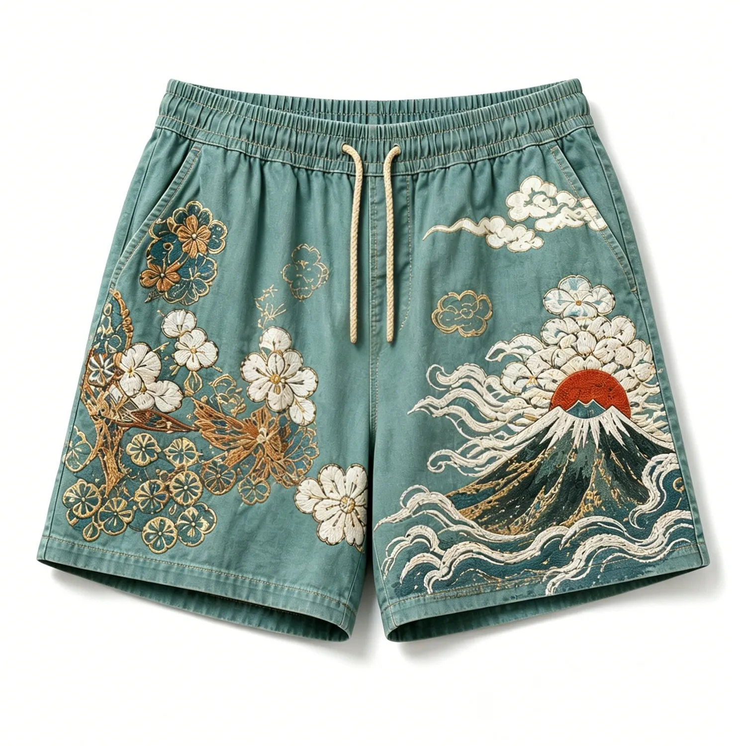 Men's Japanese Ukiyo-e Mount Fuji Floral Print Casual Shorts