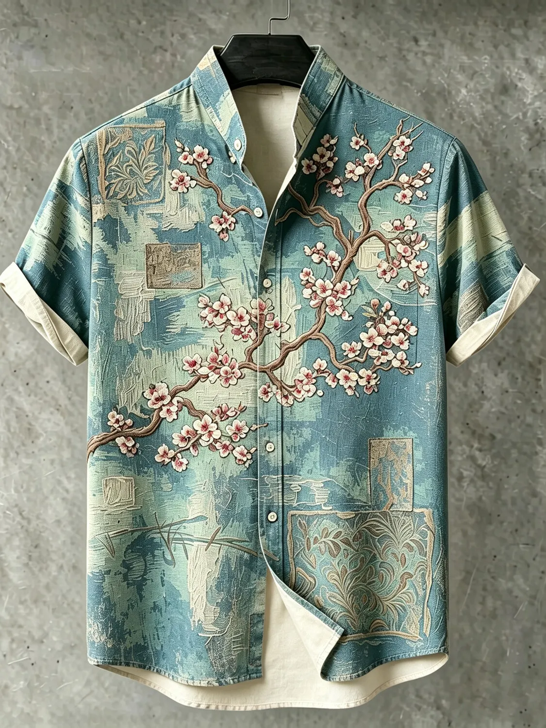 Men's Ink Cherry Blossom Branch Japanese Art Print Casual Shirt
