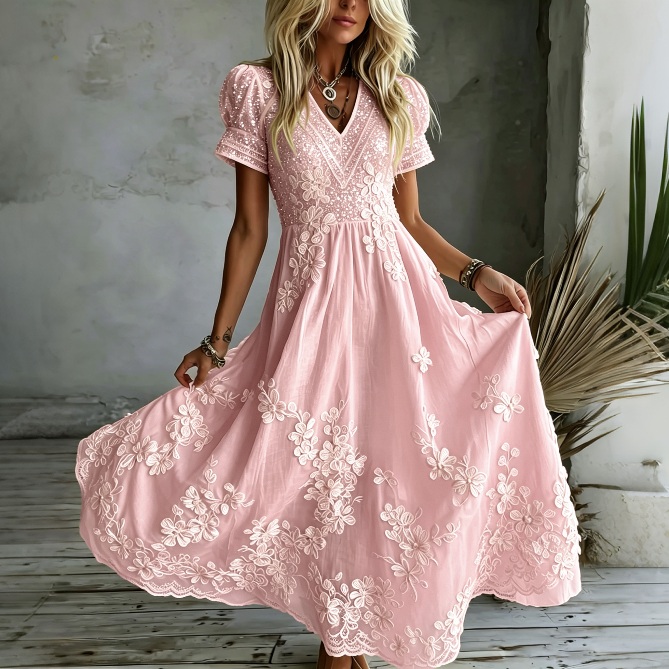 Women's White Rose Art Embroidered Linen Blend V Neck Maxi Dress