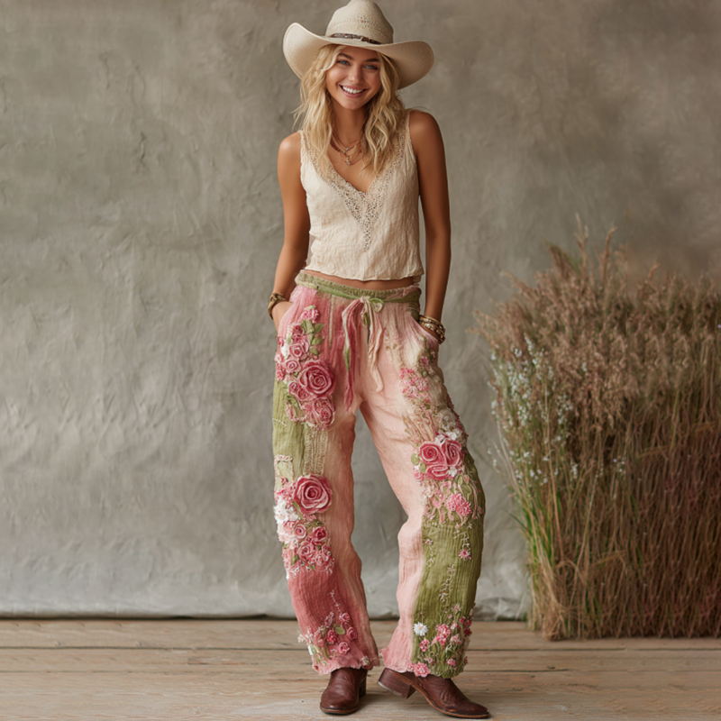Love & Health Collection Retro Western Women Style Vintage Rose And Floral Patchwork Art Linen Pants 3d39