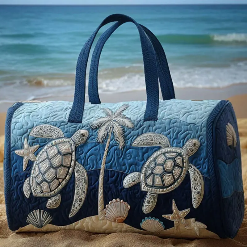 Ocean Tropical Palm Turtle Pattern Print Quilted Duffle Bag