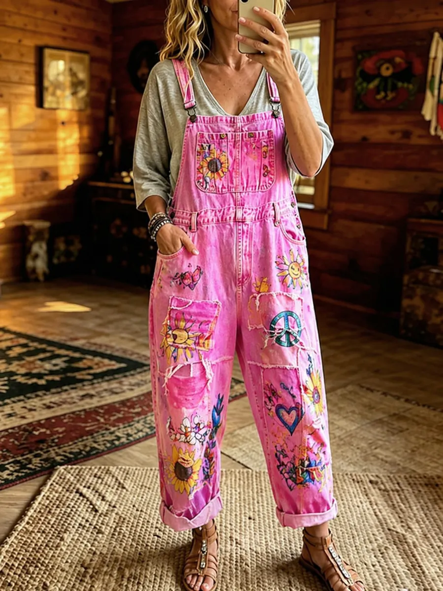 Women's Retro Style Print Washed Cotton Denim Patchwork Jumpsuit