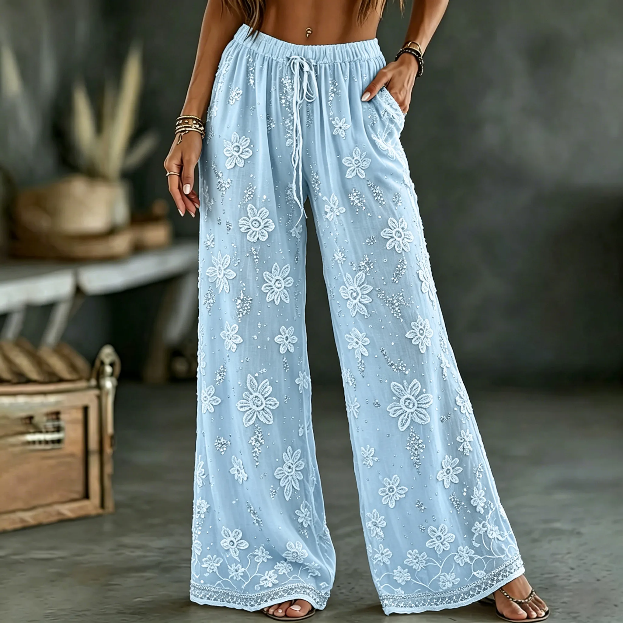 Women's White Rose Art Embroidered Linen Blend Pants